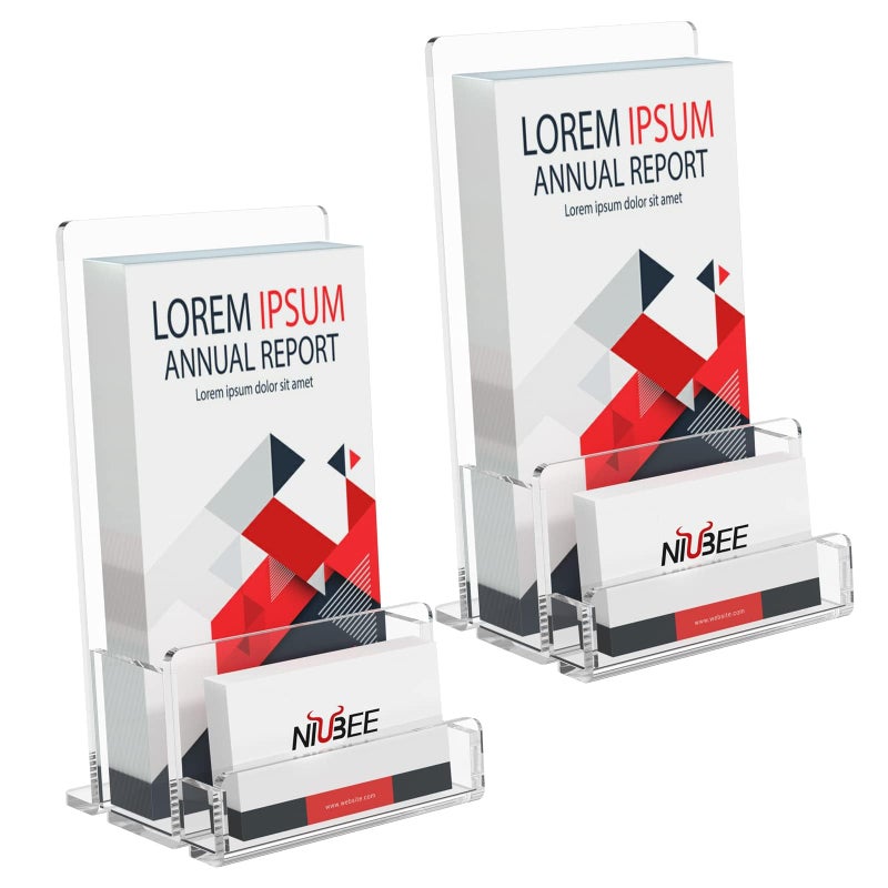 نيوبي NIUBEE 2-Pack حامل كتيب أكريليك 4 حامل عرض كتيب واضح مع حامل بطاقة عمل أكريليك حامل عرض نشرة بلاستيكية لمجلات وكتيبات وكتيبات وقائمة المجلات وبطاقة العمل - Image 1